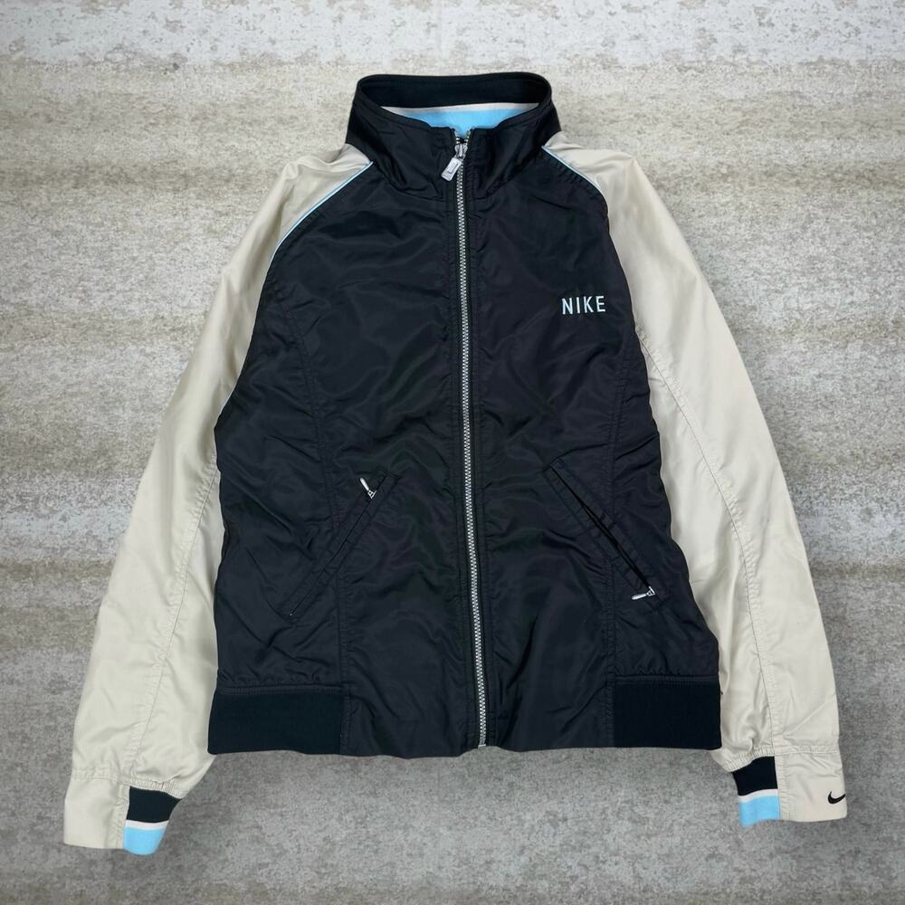 Vintage 90s Nike Windbreaker Jacket Womens M Jet Black Tan Blue Full Zip Nylon